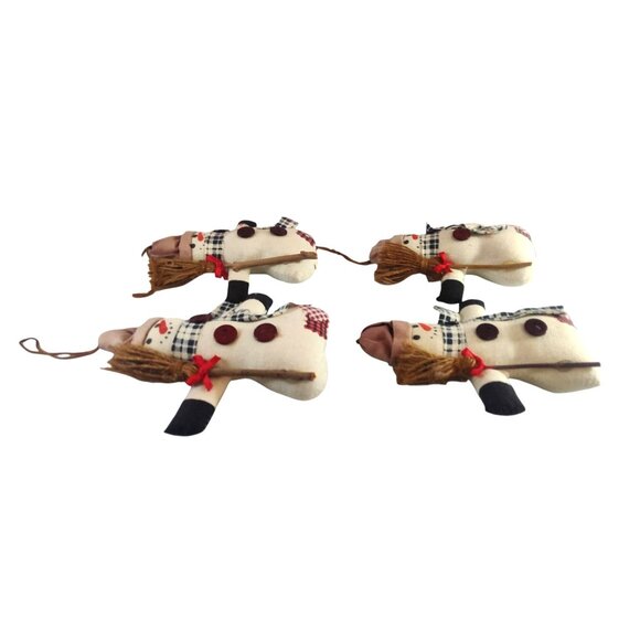 (4) Handmade Snowman Christmas Ornaments With Plaid Scarves Button & Broomsticks - Picture 5 of 8